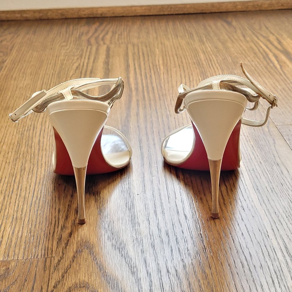Christian Louboutin White & Silver Patent Leather Stiletto Strappy Sandal Sz 39